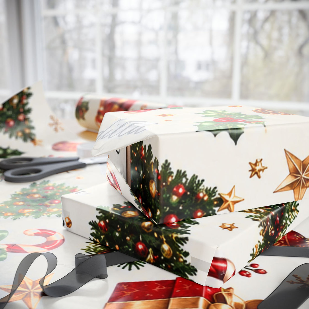 Christmas Holly & Ornaments Gift Wrapping Paper Roll — Festive Holiday Wrap