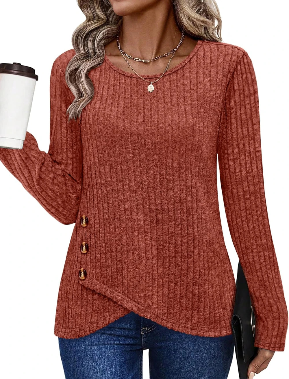 Cozy Button Crew Neck Tunic Sweater