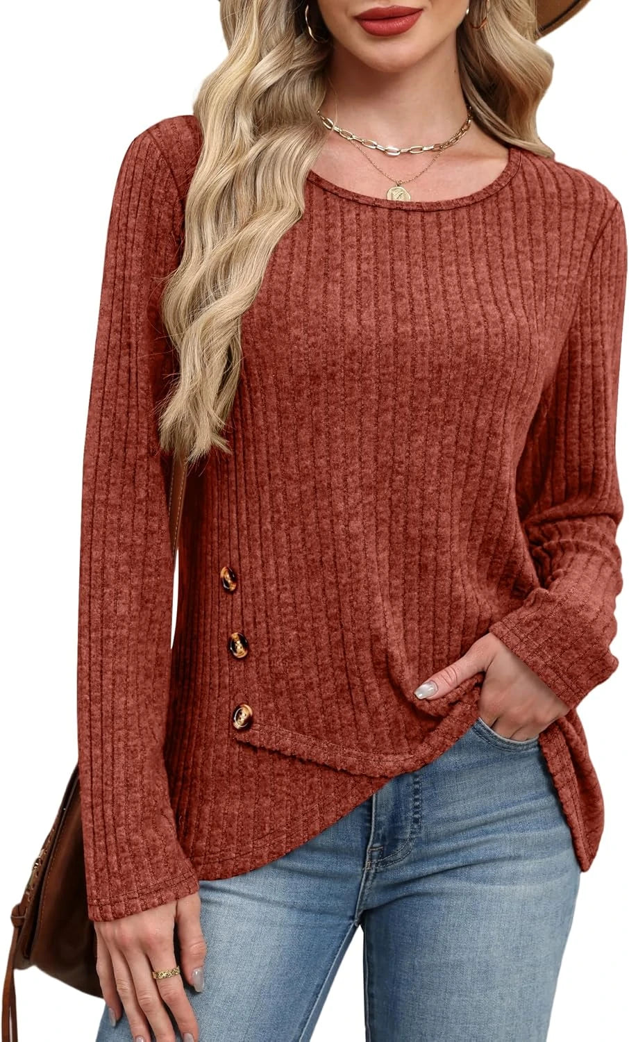 Cozy Button Crew Neck Tunic Sweater