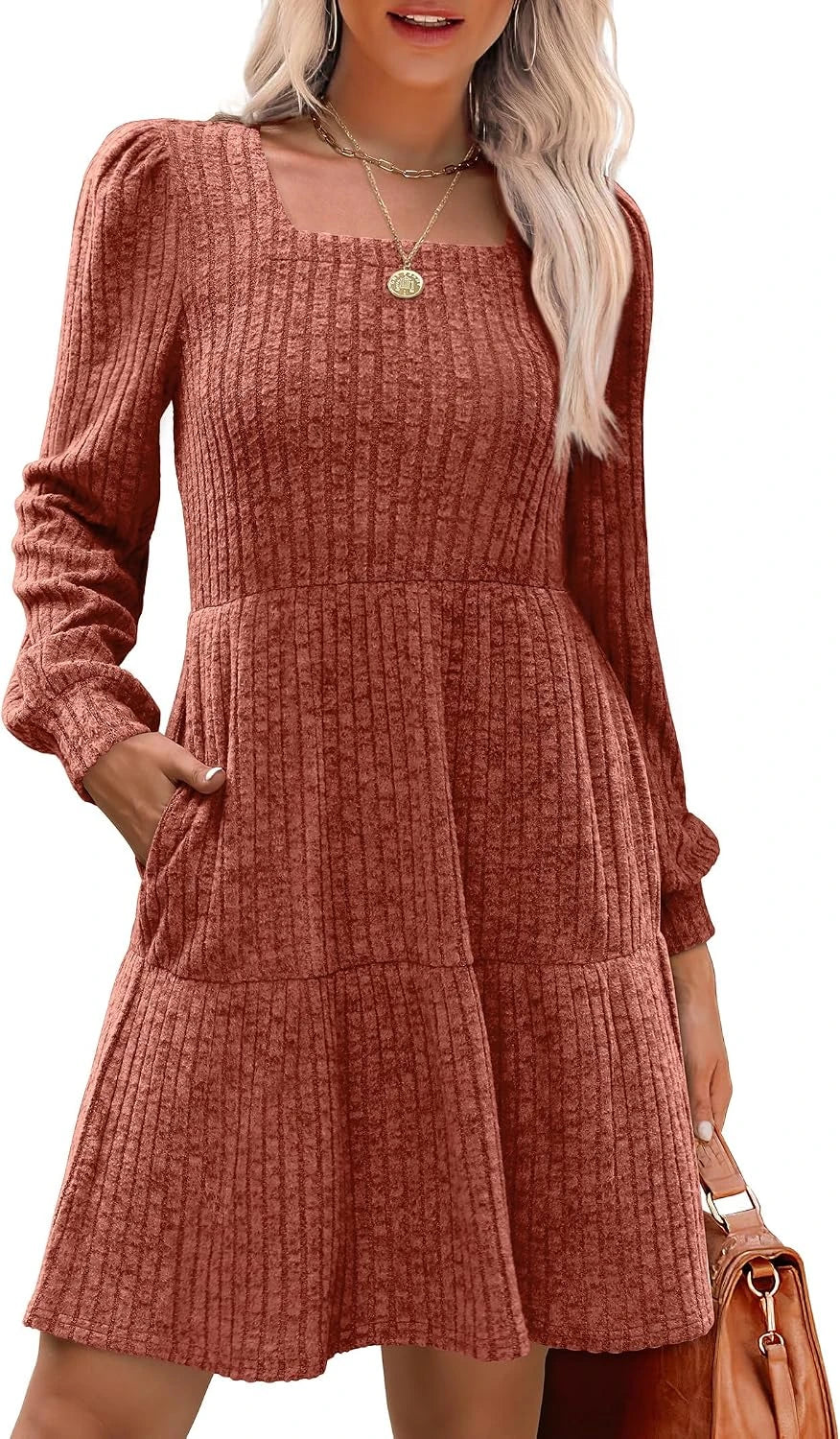Sampeel Square Neck Long Sleeve Sweater Dress