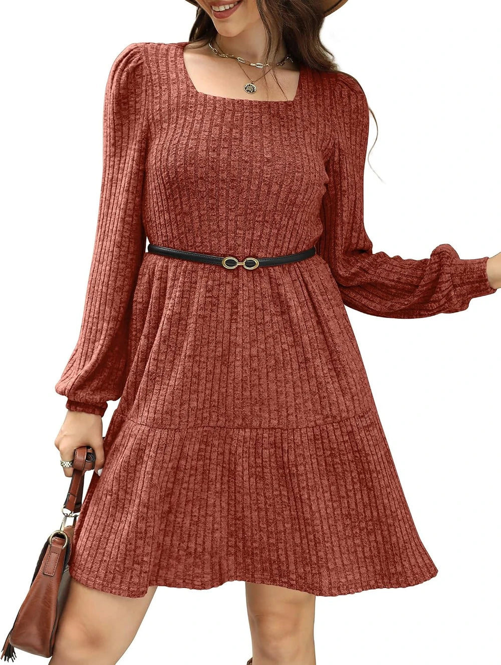 Sampeel Square Neck Long Sleeve Sweater Dress