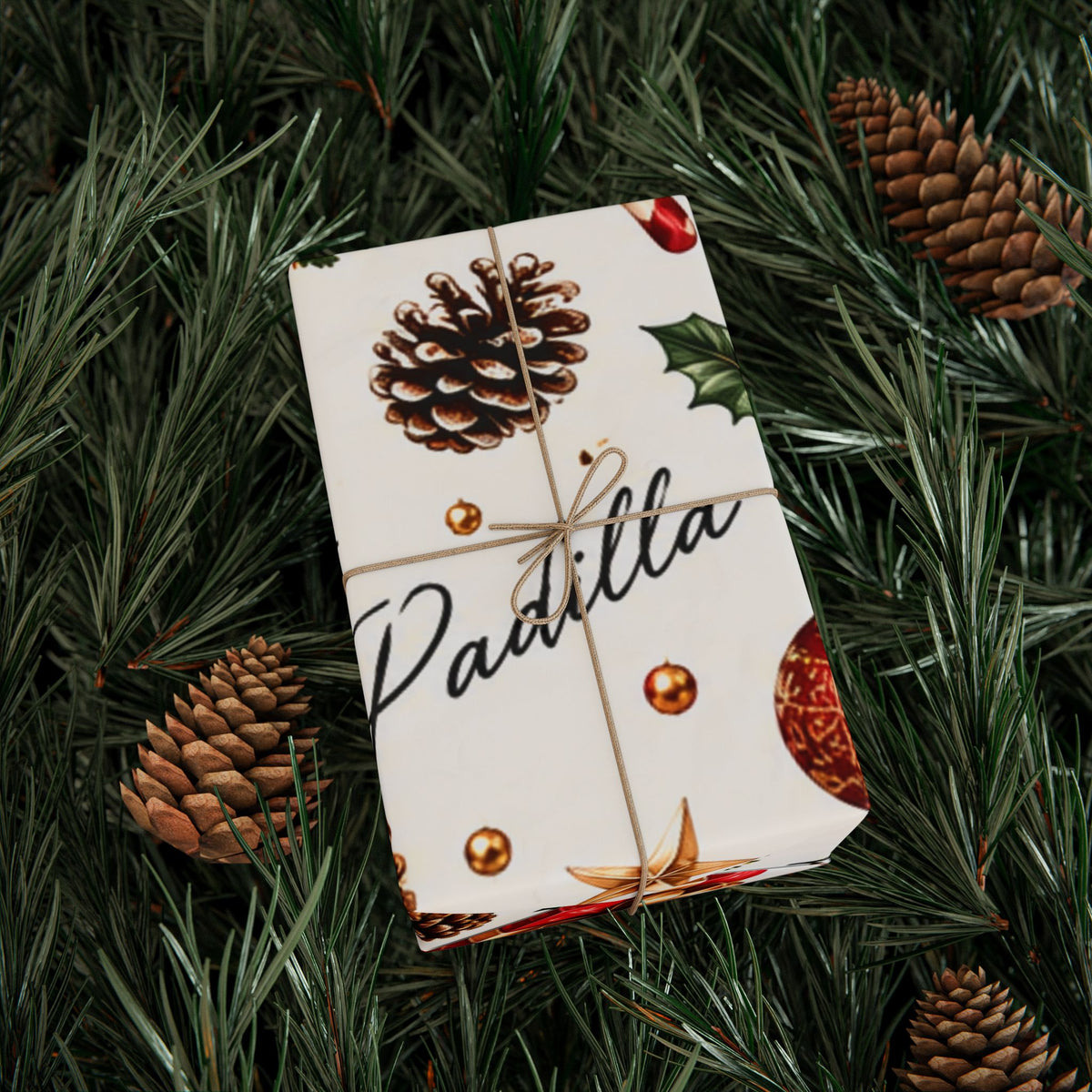 Christmas Holly & Ornaments Gift Wrapping Paper Roll — Festive Holiday Wrap